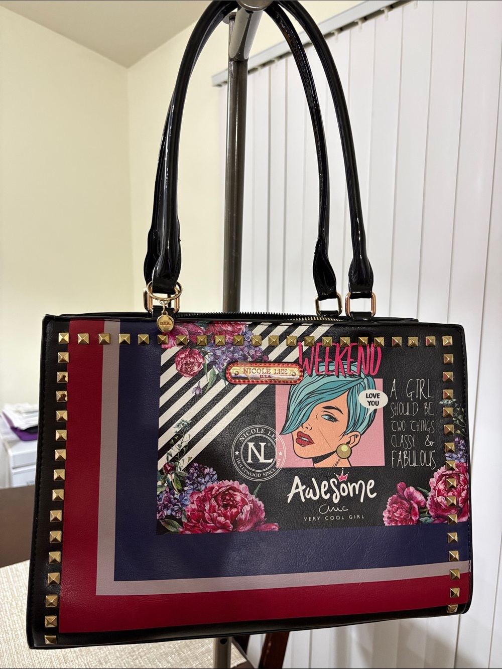 Nicole Lee Black Multicolor 'Weekend' Graphic Studded Tote